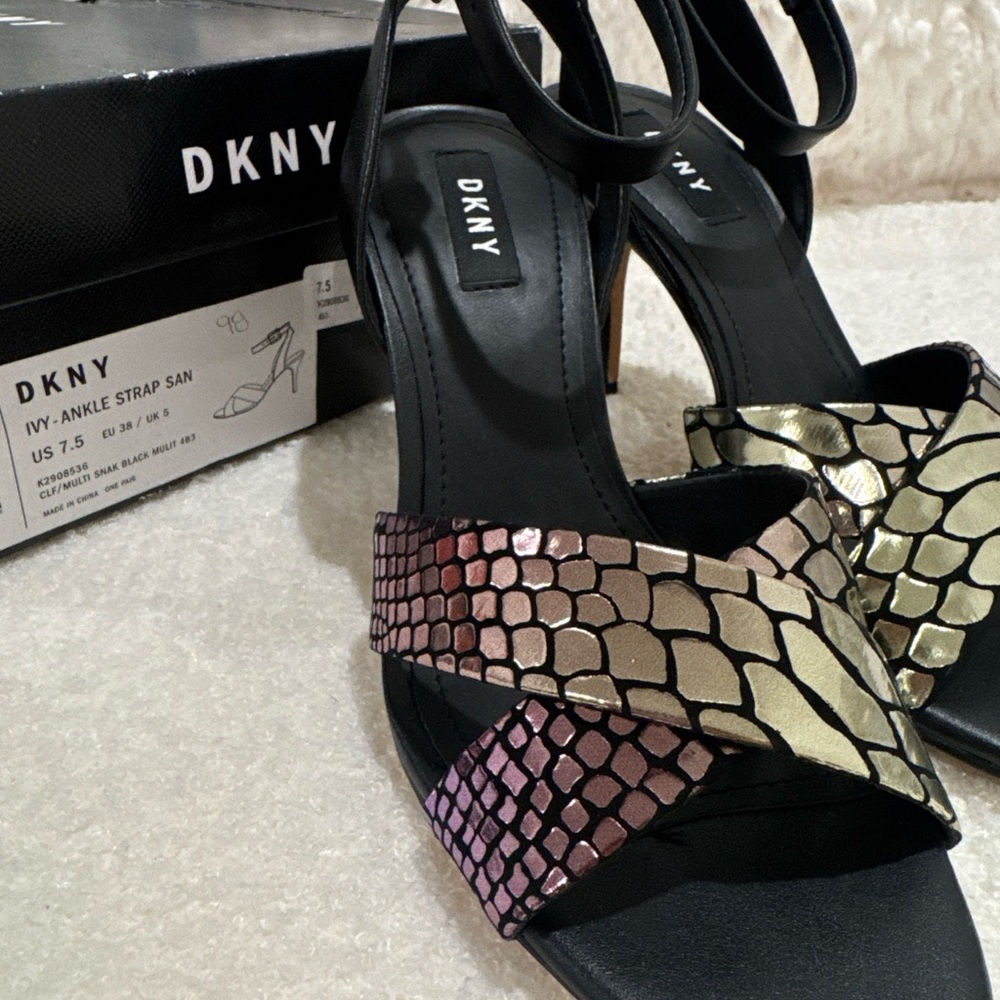 DKNY Women's Black and Metallic Multicolor Sandals